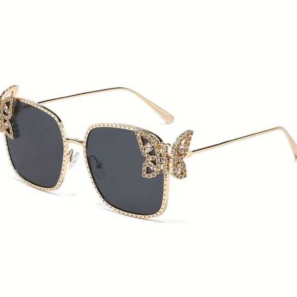 Woman’s Gold Crystal Rimmed Butterfly Chic Sun Glasses - Picture 3 of 12